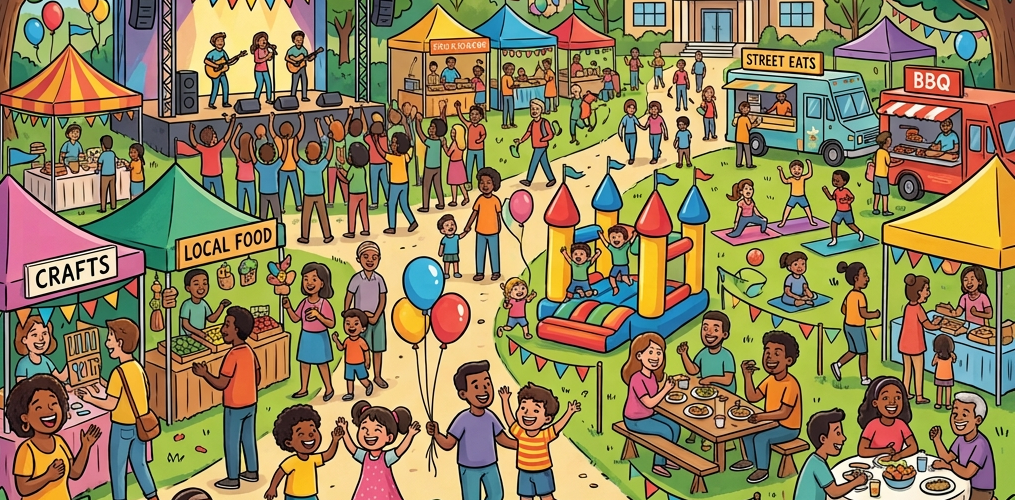 Children playing in bouncy castle, people dining, food trucks, live band on stage